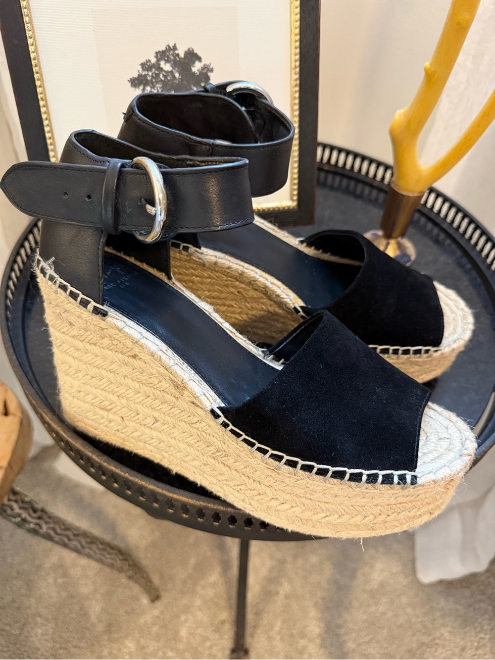 Marc Fisher Black Suede Espadrille Platform Wedge Sandals Ankle Strap Size 8.